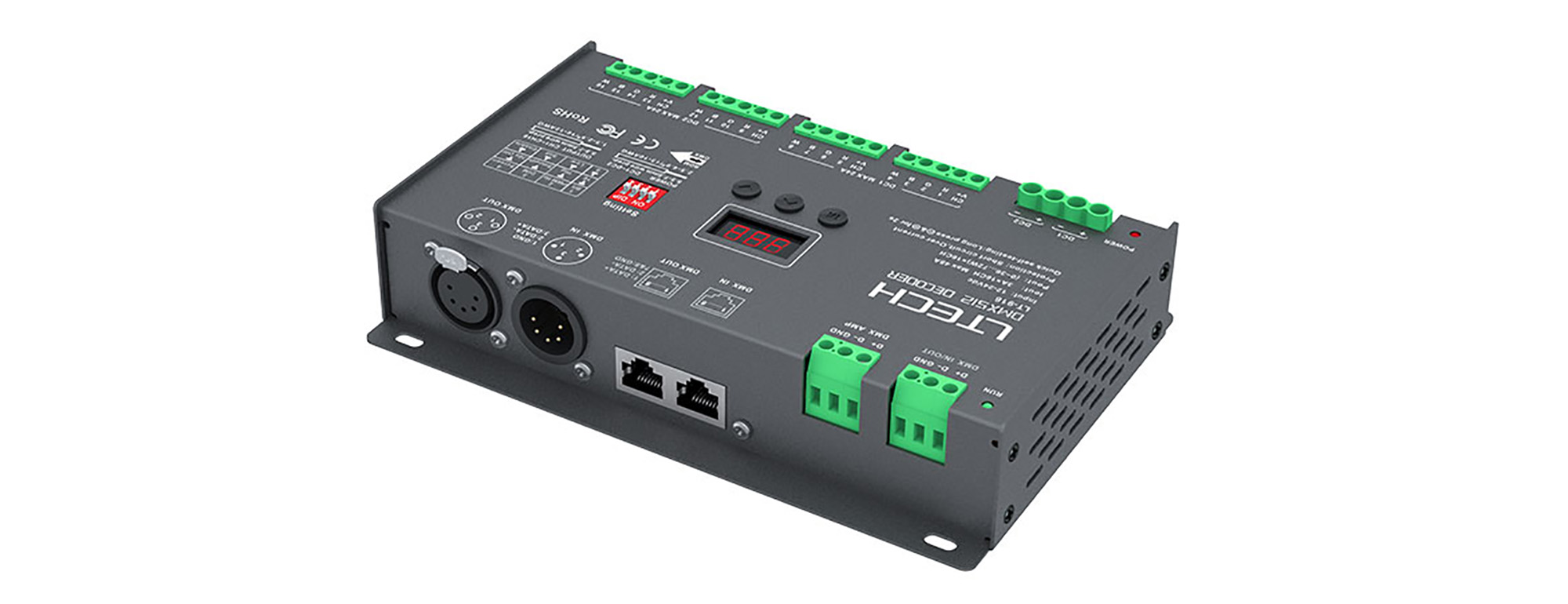 916  16Ch 3A CV DMX Decoder, 1152W Max.Power, XLR-3 , Green connector & RJ45 Port, Self testing, DMX512/RDM I/P signal, IP20.